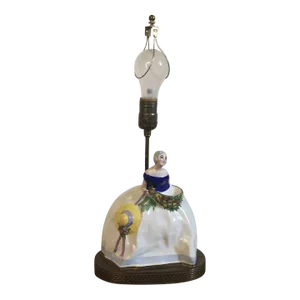 French Art Deco 1920's Porcelain Perfume Burner in the Form of a Lady of the Antebellum South Mounted as a Table Lamp Signed Gazan