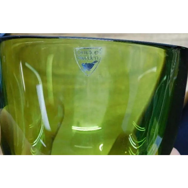 Olive 2pc Art Glass Collection: Signed Orrefors Green Bowl & Cobalt Blue Hurricane For Sale - Image 8 of 11