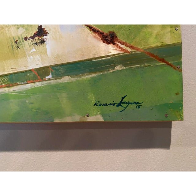 "Metalandscape 2" Oil on aluminum. Aerial view of Cambodia's rice fields by Rosario-Laguna