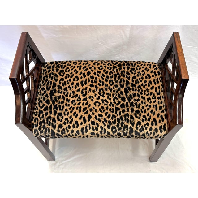 Late 20th Century Vintage Fretwork Curved Arm Vanity Stool/ Bench With New Leopard Upholstery For Sale - Image 5 of 18