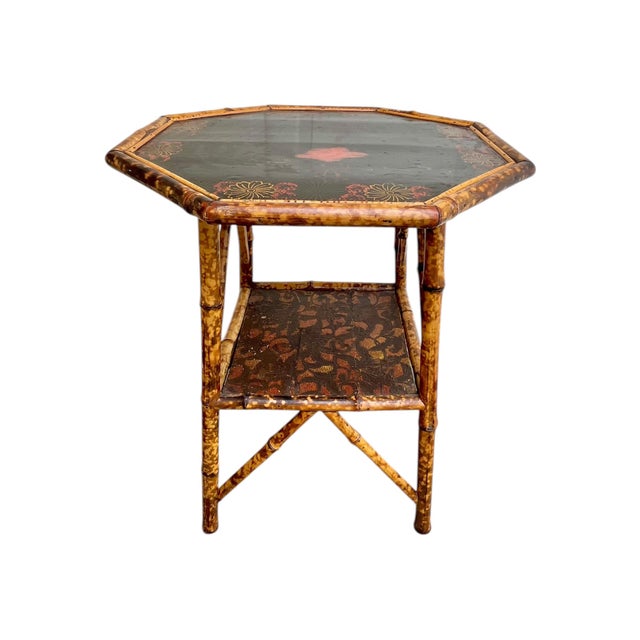 Antique Scorched Bamboo Chinoiserie Side Table With Hand-Painted Lacquer Top, Early 20th Century For Sale - Image 14 of 18