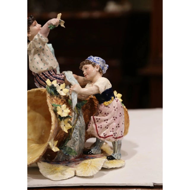 Yellow Early 20th Century French Painted Porcelain Barbotine Vase With Children Figures For Sale - Image 8 of 11