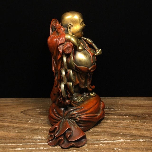 Vintage Gilt Patinated Bronze Laughing Buddha Sculpture With Coins and Ruyi Scepter For Sale - Image 4 of 9