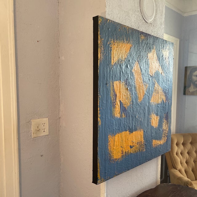 Textile John Frates “Blue and Yellow” Abstract, Mid Century Modern, 36x36x1 1/2 In. Coa With an Invoice, #1705 For Sale - Image 7 of 8