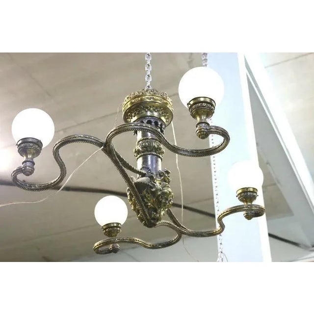 Metal Extraordinary 19th Century Beaux Arts Four Arm Brass & Zinc Globe Light Chandelier-Stanford White Gatsby MansionStyle- 37éw. For Sale - Image 7 of 9