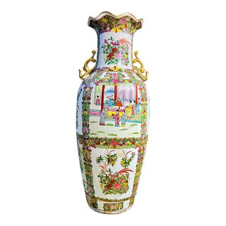 Tall Floor Rose Medallion Porcelain Chinoiserie Vase 36", Scroll Handles For Sale