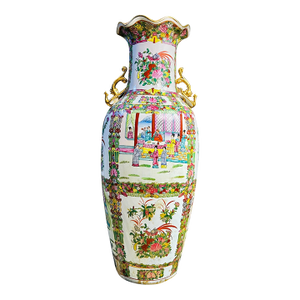 Tall Floor Rose Medallion Porcelain Chinoiserie Vase 36", Scroll Handles