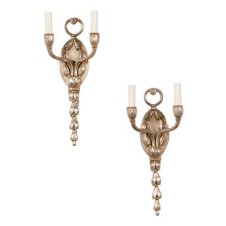 Mid 20th Century English Silver Plated Two-Light Wall Sconces with Foliage - Pair For Sale