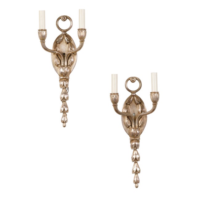 Mid 20th Century English Silver Plated Two-Light Wall Sconces with Foliage - Pair For Sale