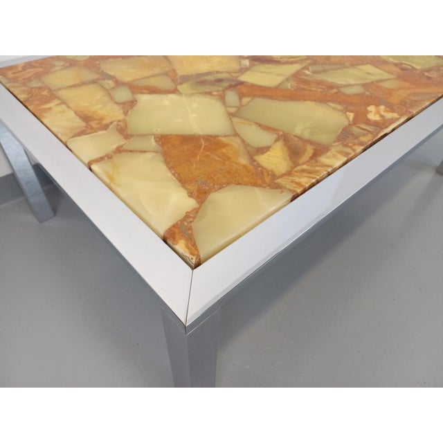 Very large vintage rectangular coffee table from the 70s, resin tray and onyx type stone in yellow green and ocher tones,...