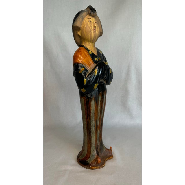 Vintage Asian Female Chinese Tang Dynasty Figurine in Black, Orange and Tan For Sale In Houston - Image 6 of 9