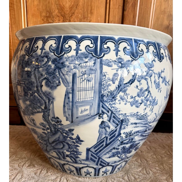Figurative Large Chinoiserie Blue & White Porcelain Landscape Cachepot For Sale - Image 3 of 10