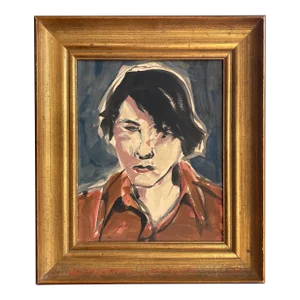Contemporary 1980s Original Painting Portrait of Stylish Brunette Woman
