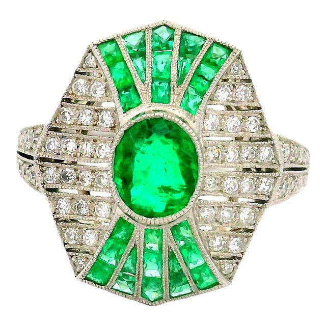 Emerald Diamond Platinum Art-Deco Style Ring, Size 7.5 For Sale