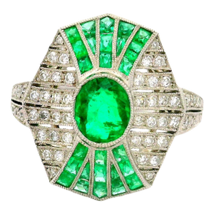 Emerald Diamond Platinum Art-Deco Style Ring, Size 7.5