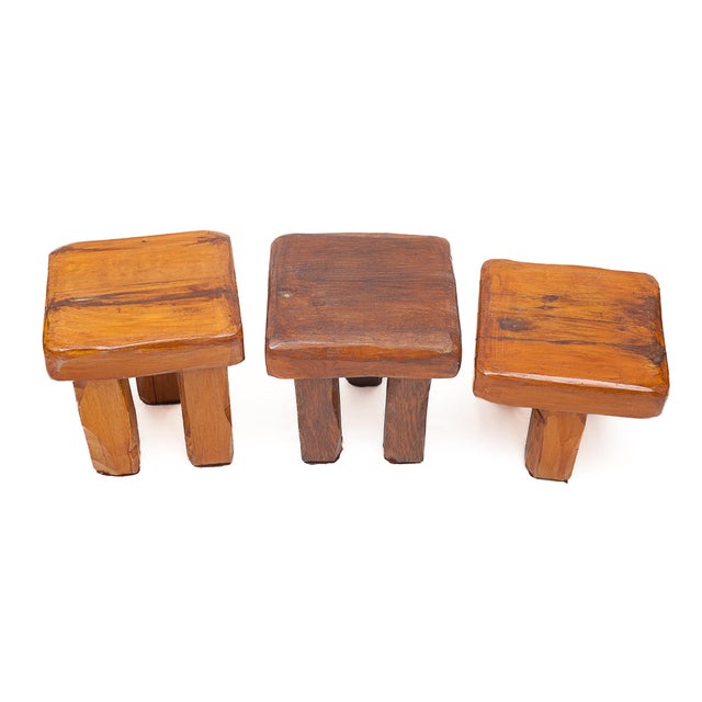 Wood Brutalist Stools in Oak, Set of 3 For Sale - Image 7 of 10