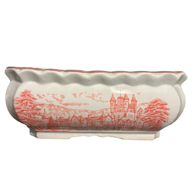 Vintage Ceramic Rectangular Planter Plant Pot White Pink European City Design. Adorable ceramic planter featuring pink...