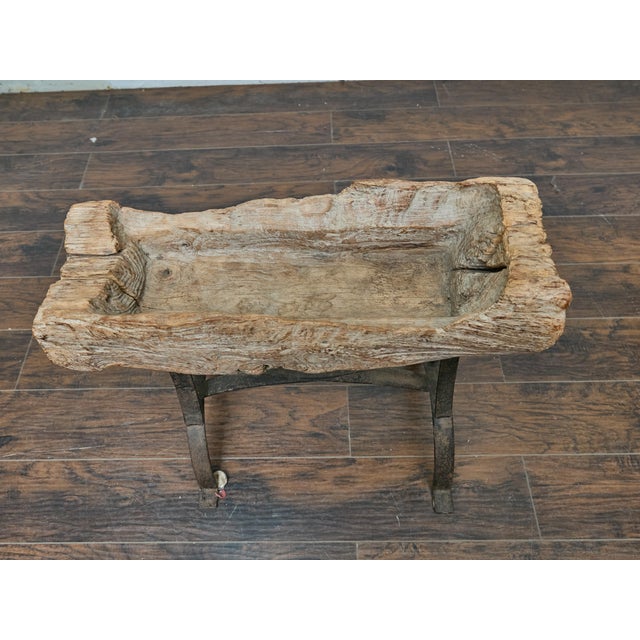 Rustic Mid-Century Wooden Trough Accent Table on Custom Iron Base For Sale - Image 9 of 12