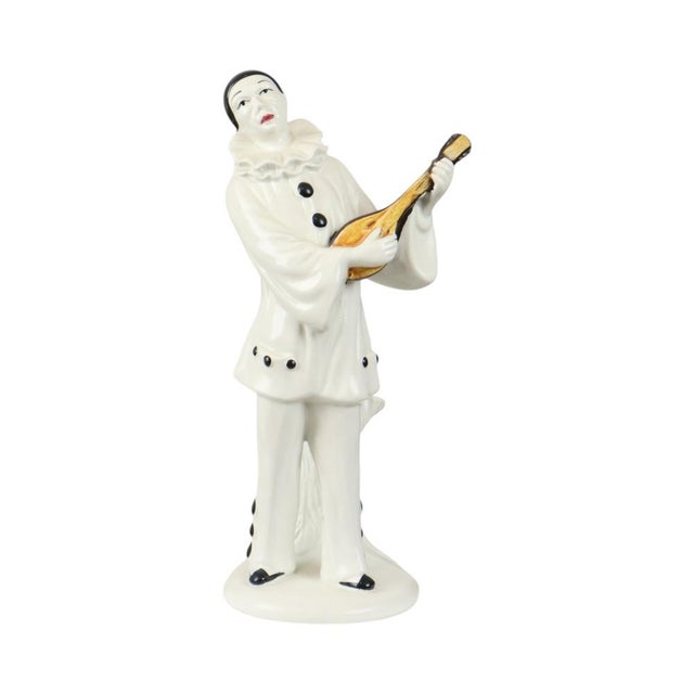 Vintage pierrot statue with lute or mandolin, the statue is made of glazed ceramic, unmarked or unsigned, France, second...