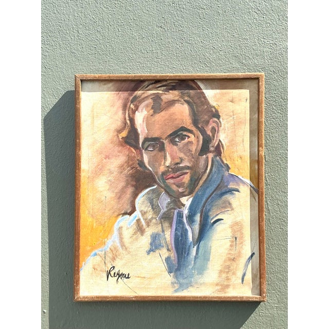 Wood Mid 20th Century Vintage Boho Regone Pierokkis Portrait Oil on Canvas, Framed For Sale - Image 7 of 9