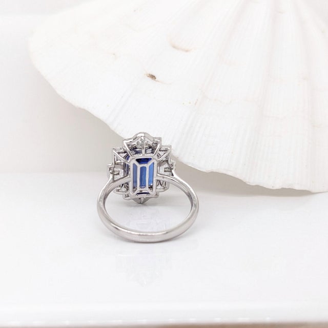 Metal 4.2ct Art Deco Tanzanite Ring With Earth Mined Diamonds Halo: Solid 14k Gold, Size 6.75 For Sale - Image 7 of 7