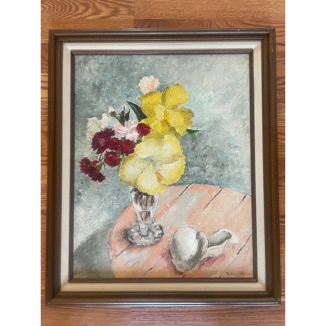 "Yellow Hibiscus" Still Life Framed Oil Painting by Ruth Erb Hoffman, c.1956 For Sale - Image 11 of 11