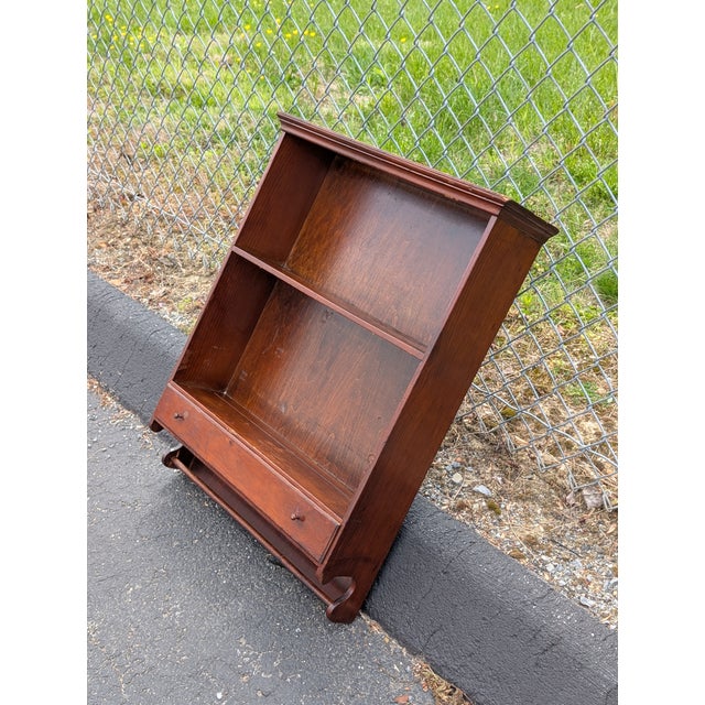 Brown 1960 Mid-Century Modern Cherry Wood 2-Tier Wall Shelf With Drawer For Sale - Image 8 of 13