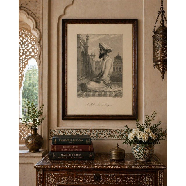 Orientalist india engraving – muslim at prayer, daniell & cochran c.1836 : a refined and evocative mid-19th-century steel...
