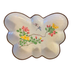Antique Early 20th Century Chinese Export Enamel of Copper Butterfly Dish With Famille Rose Flowers and Butterflies