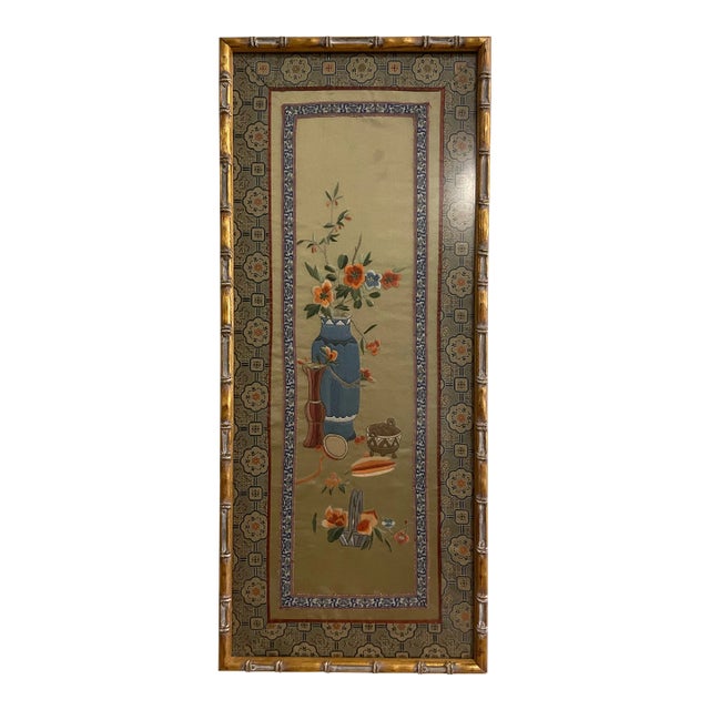 Large Mid 20th Century Chinese Asian Silk Flowers Embroidery Panel in Gold Bamboo Frame For Sale