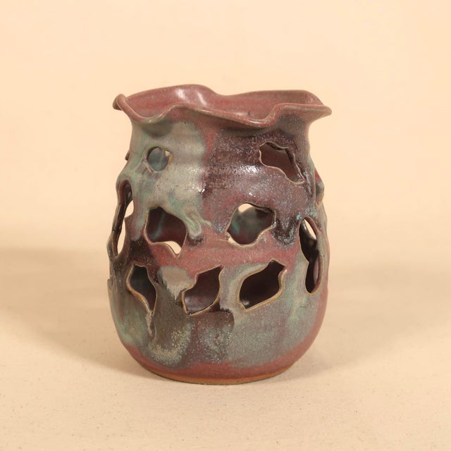 Vintage Sculptural Studio Pottery Pierced Ceramic Vessel Candle Holder With Organic Drip Glaze For Sale - Image 15 of 18