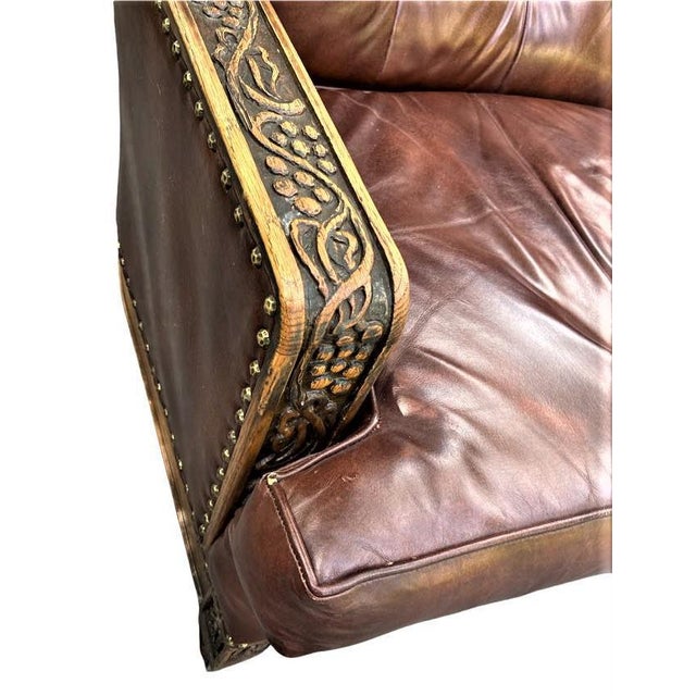 Large Vintage Romweber 90" Tufted Leather Viking Oak Sofa Mid 20th