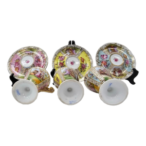 1900s Set of 5 Antique Dresden Schumann Hand-Painted Porcelain Cup & Saucer Trios – Pastel Florals, Gilt Handles, Romantic Scenes