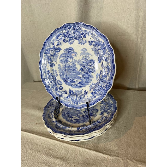 Set a five antique English blue transferware dinner plates in the Royal Cottage pattern made by T. Till & Son. Great to...