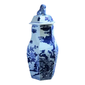 1960s Blue and White Ginger Jar with Foo Dog Floral Flowers Large Tall Chinoiserie