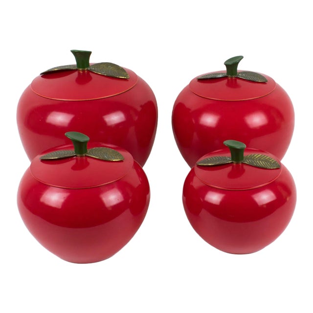 Mid-Century Kitchen Canister Cookie Jar Red Enamel Aluminum Apple, Set of 4 Pc For Sale