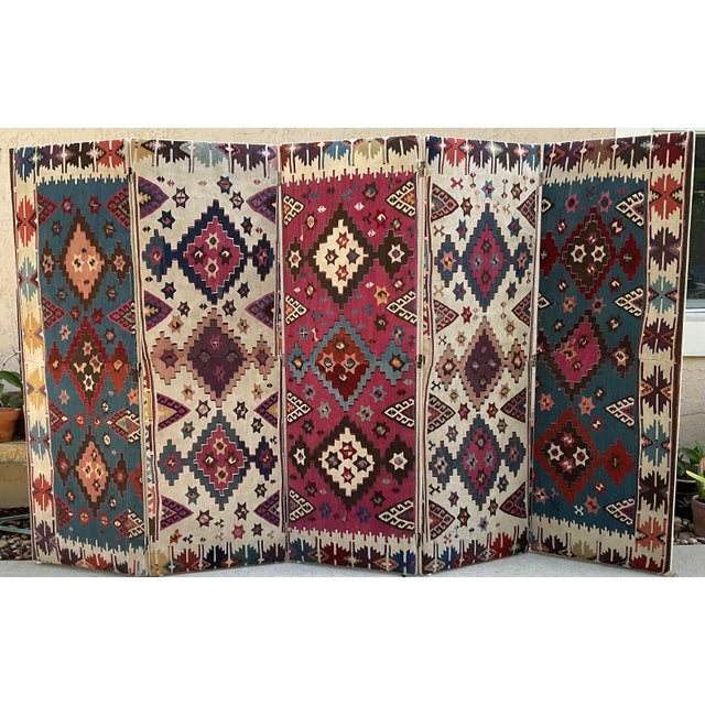 Tribal One-of-a-Kind Custom Antique Flat-Weave Oriental Kilim Folding Screen For Sale - Image 3 of 18