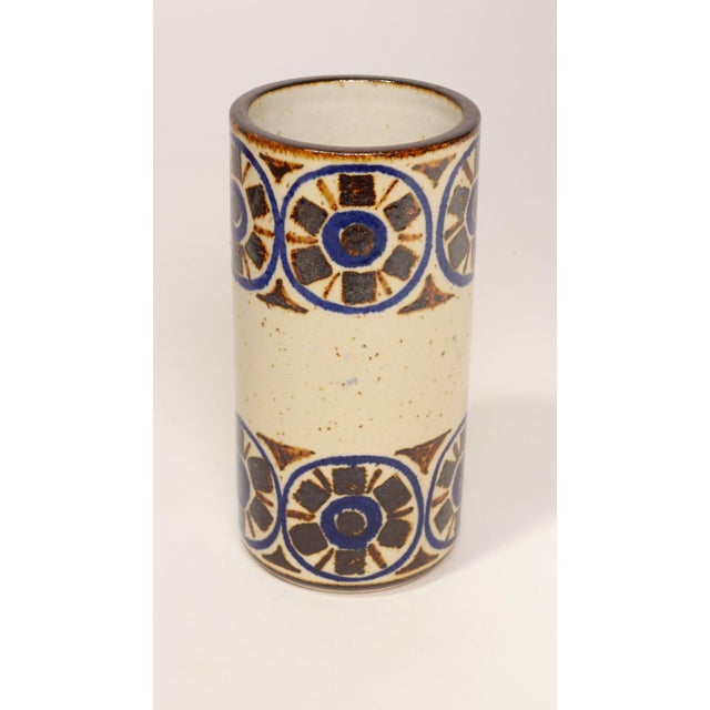 Scandinavian Modern Stoneware Cylindrical Vase With Geometric Motif For Sale - Image 4 of 12