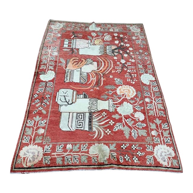 Antique Khotan Rug 5’5” X 8’5” | Stylized Vase Design For Sale