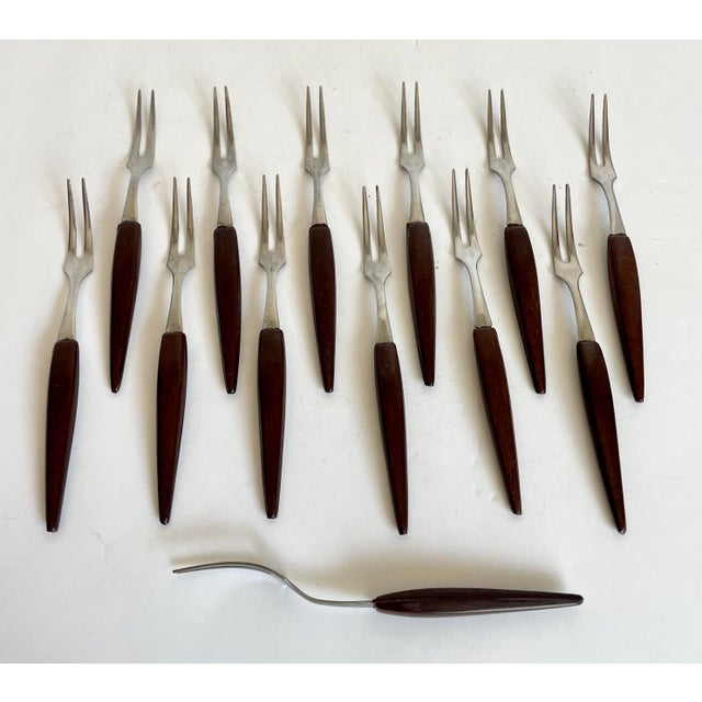 Wood Mid-Century Danish Modern Stainless Steel & Teak Appetizer Forks – Set of 13 For Sale - Image 7 of 7