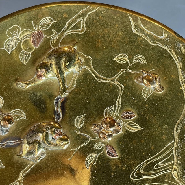 Japanese Fine Antique Meiji Japanese Mixed Metal Display Plate Charger Bronze Gilt Monkey For Sale - Image 3 of 13