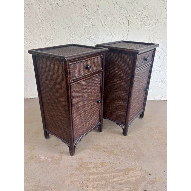 Pair Vintage British Colonial Faux Burnt Bamboo & Cane Nightstands For Sale - Image 9 of 12
