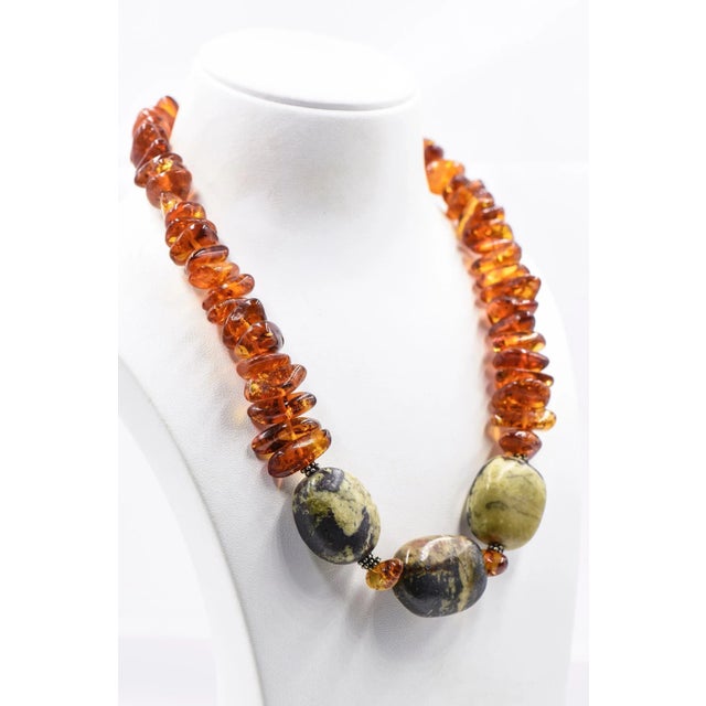 Amber and Green Stone Bead Necklace with Sterling Silver For Sale - Image 9 of 10