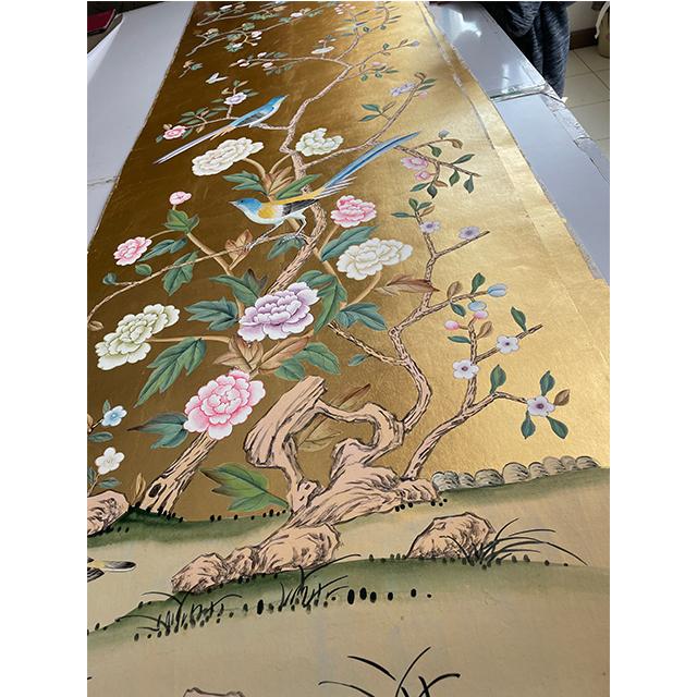 Gold Leaf Chinoiserie Hand-Painted Wall Panels With Birds, Peonies & Dachshund (Set of 3) For Sale - Image 4 of 6