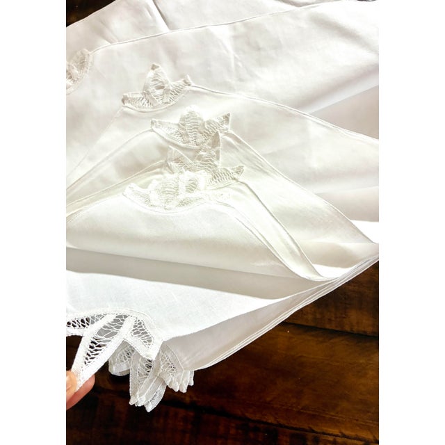 Vintage Handmade White Battenburg Lace Napkins Embroidered Borders Cotton - Set of 12 For Sale - Image 11 of 11