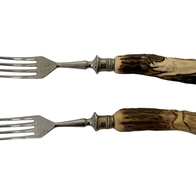 Rustic Vintage German Hand-Carved Stag Antler Hunting Dinner Forks - Set of 8 For Sale - Image 3 of 8
