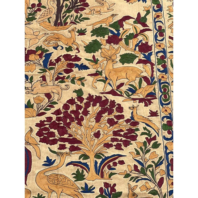 1980s Vintage Silk Embroidered Persian Hunting Scene Textile Wall Hanging | Large Nature & Animal Tapestry For Sale - Image 5 of 6