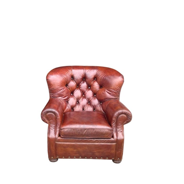 Cinnamon Churchill Tufted Leather Armchair & Ottoman, Newly Dyed, Restoration Hardware Style For Sale - Image 8 of 15