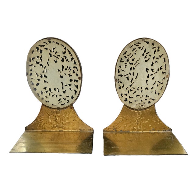 Antique Chinese Carved Jade Bookends With Brass Floral Bases — Scholar Motif Pair For Sale - Image 11 of 14
