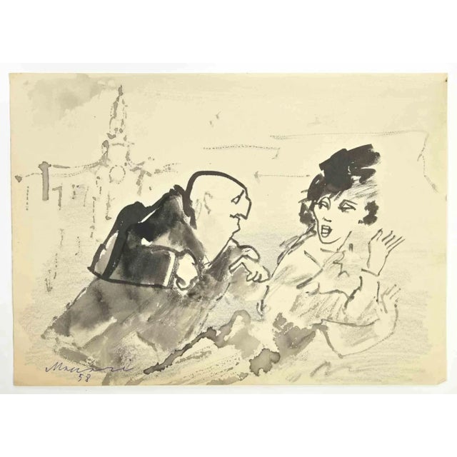 The Couple is a Watercolor Drawing realized by Mino Maccari (1924-1989) in 1958. Hand-signed on the lower. Good...